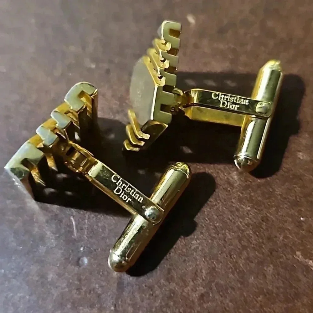 Christian Dior Bullet Back Oblique Logo Gold Tone Cufflinks and Tie bar